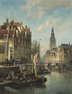 Cornelis Christiaan Dommelshuizen - Figures and ships on an Amsterdam canal with the Zuiderkerk in the background