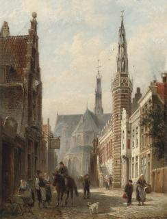 Cornelis Christiaan Dommelshuizen - Hotel de Ville d\'Alkmaar, La Hollande: the Langestraat with the townhall and the St Laurens church, Alkmaar