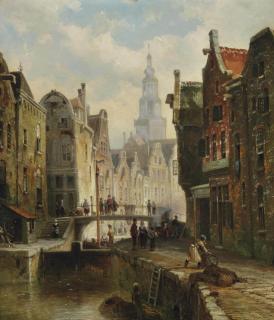 Cornelis Christiaan Dommersen - A townview with figures by a canal and a church in the background