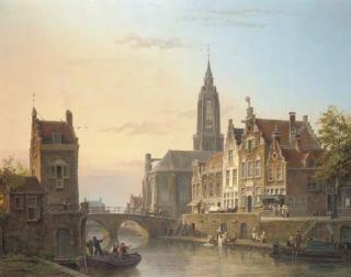 Cornelis Christiaan Dommersen - A view of a canal in a Dutch town