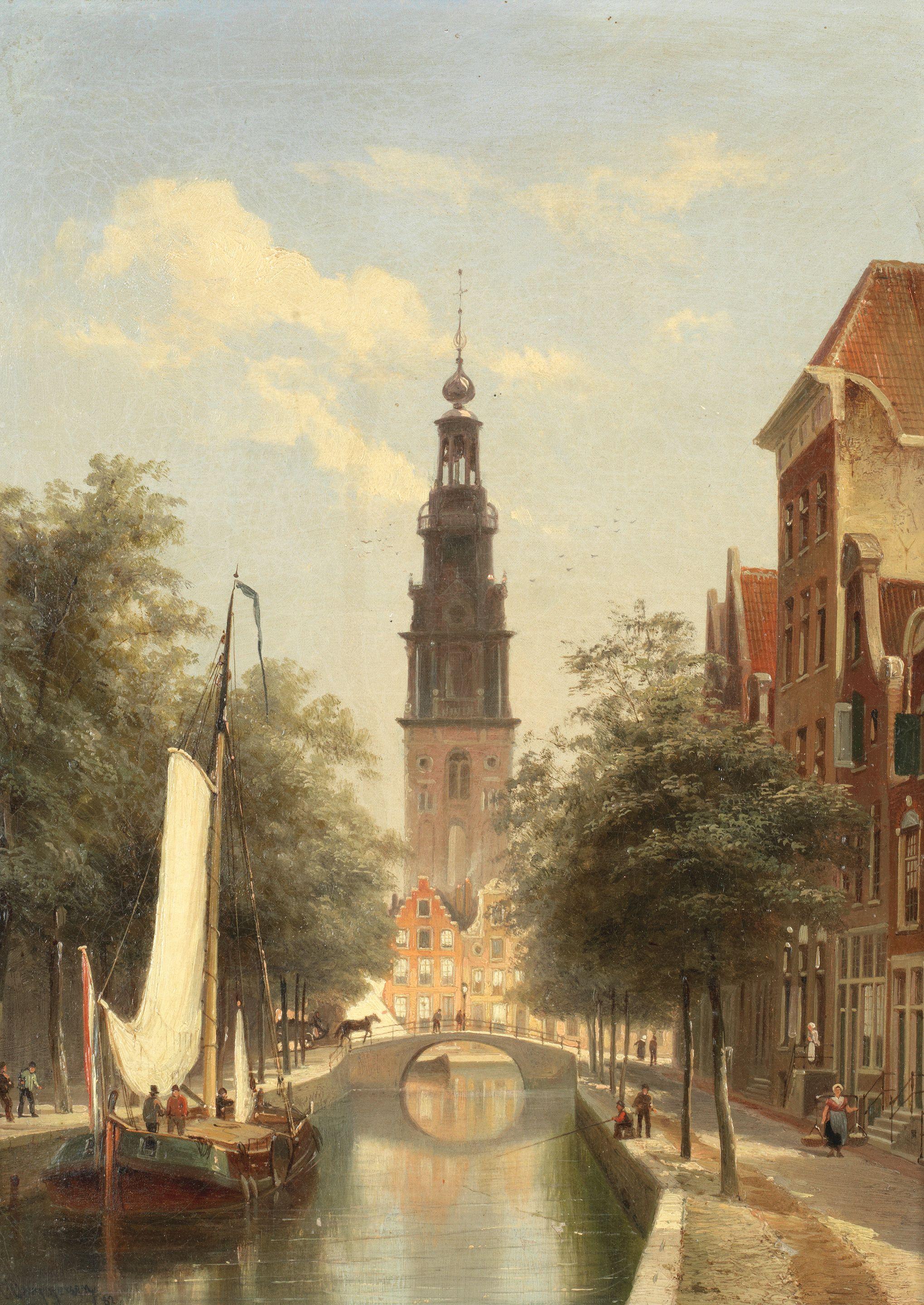 Cornelis Christiaan Dommersen - Groenburgwal Canal and Tower of South Church, Amsterdam; St Lawrence Cathedral of Rotterdam, a pair