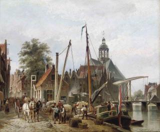 Cornelis Christiaan Dommersen - Unloading a barge on a Rotterdam quay