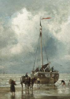 Cornelis Christiaan Dommershuizen - Fishermen unloading a bomschuit
