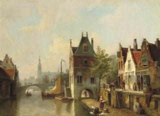 Cornelis Christian Dommersen - A capriccio view of a canal in Alkmaar