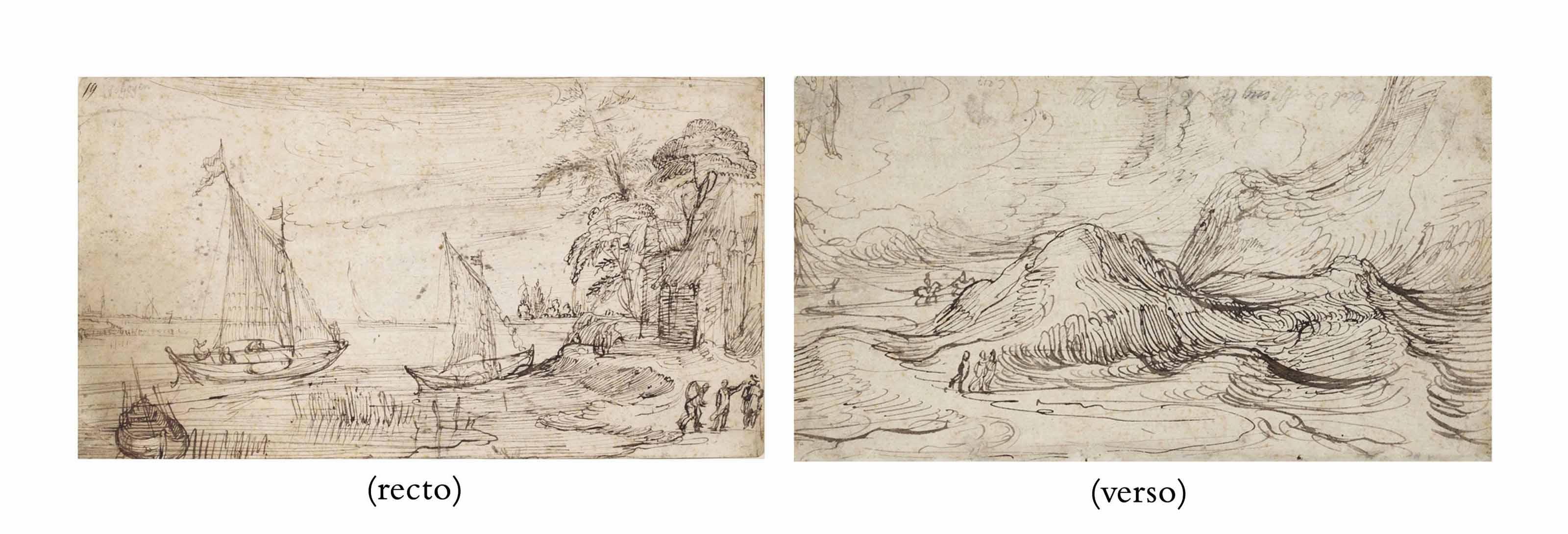Cornelis Claesz. Van Wieringen - A river landscape with two sailing boats ( recto ); A rugged landscape with figures by a river ( verso )