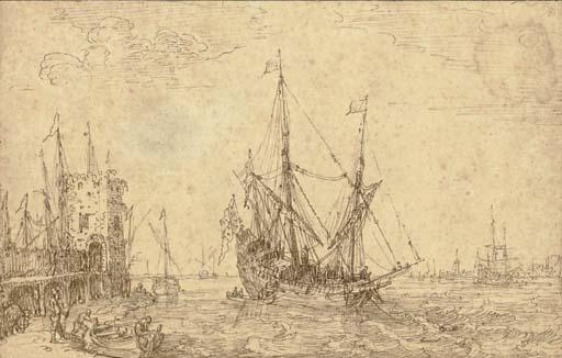 Cornelis Claesz. van Wieringen - A seaport with a man o\'war, figures along a pier