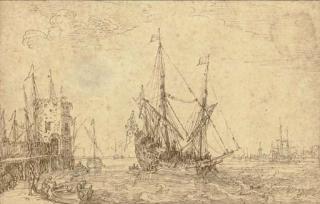 Cornelis Claesz. van Wieringen - A seaport with a man o\'war, figures along a pier
