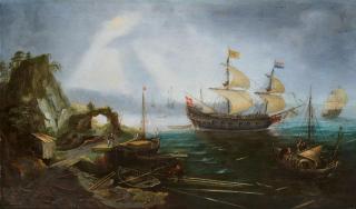 Cornelis Claesz van Wieringen - Küstenlandschaft mit ankerndem Kriegsschiff