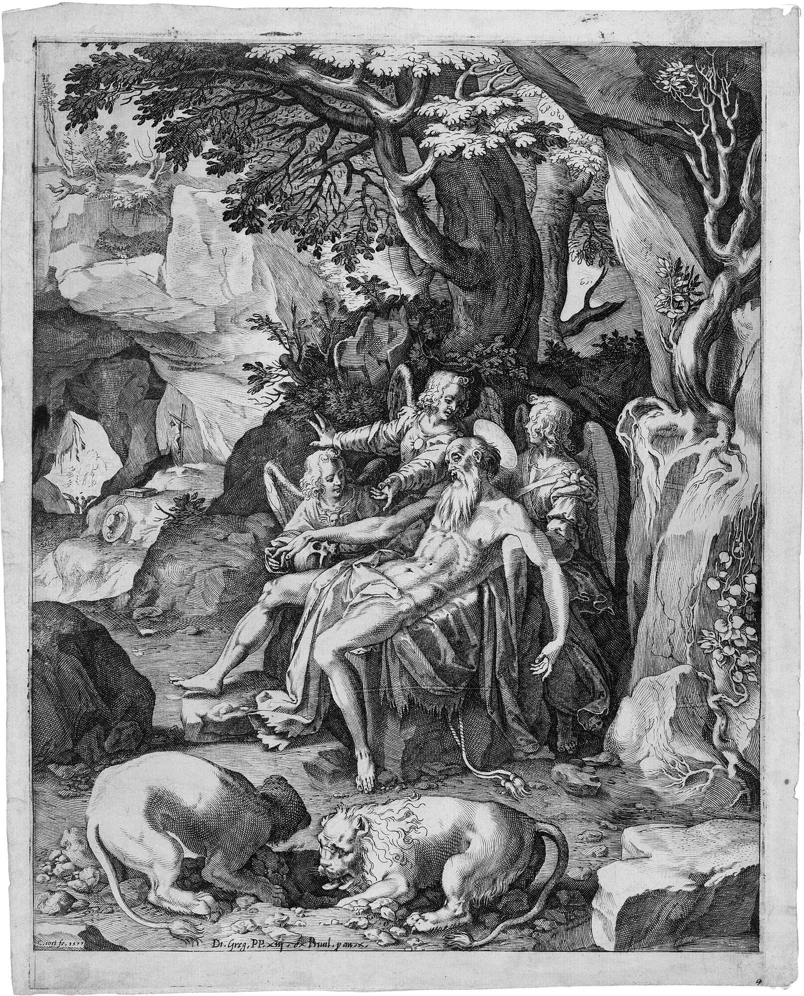 Cornelis Cort - Der heilige Hieronymus, von drei Engeln gestützt.