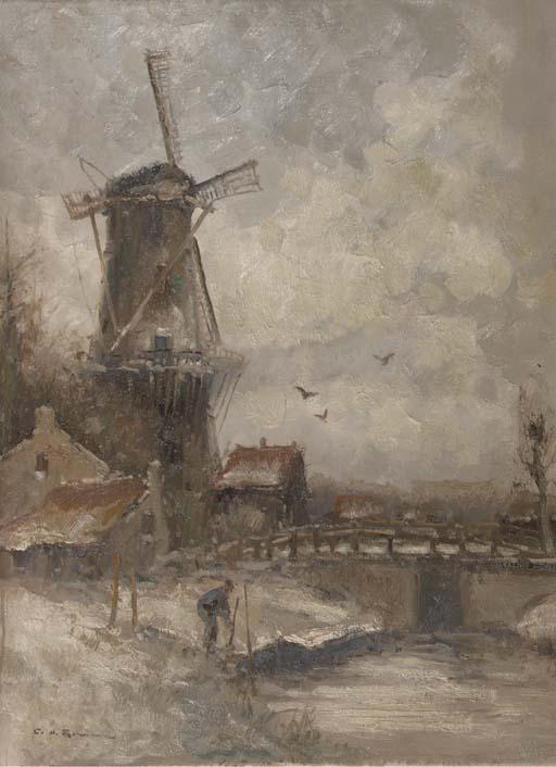 Cornelis De Bruin - A windmill by a river in winter