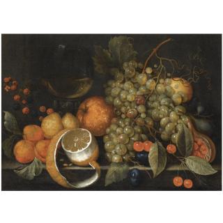 Cornelis De Bryer - A Still Life With Grapes, Oranges, Berries, A Roemer Of Wine And Partly Peeled Lemon On A Stone Ledge