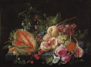 Cornelis De Heem - A cut melon, cherries, gooseberries, peaches, grapes, figs, plums, flowers, snails and insects on a stone ledge