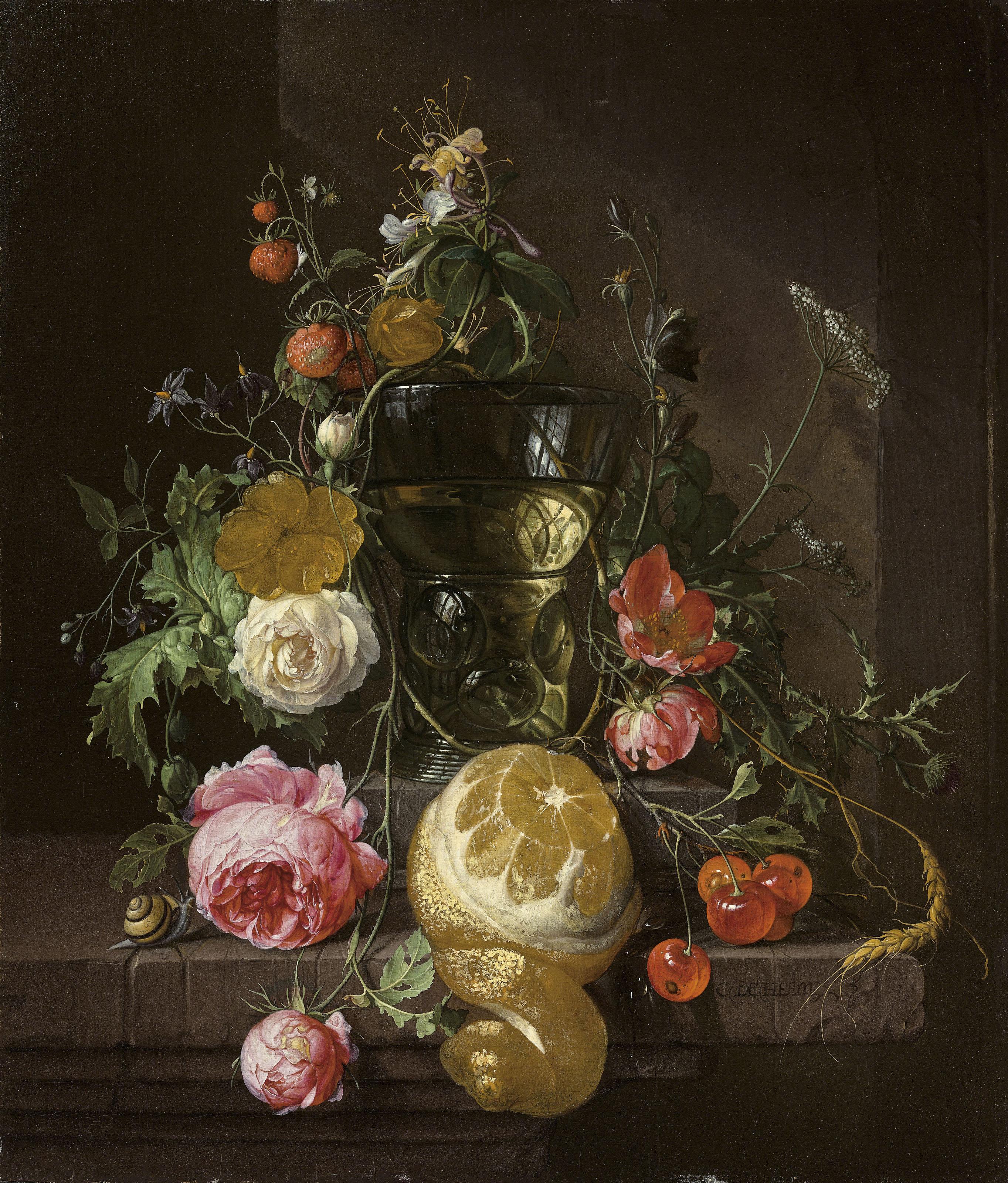 Cornelis De Heem - A flower garland around a berkemeier on a ledge