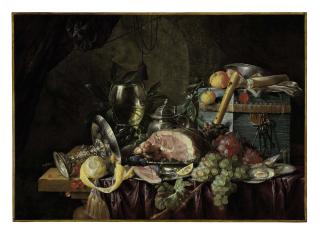 Cornelis de Heem - A ham on a pewter plate, grapes, berries, plums, lemons, and oysters with a roemer, tazza, pitcher, wan-li porcelain dish, recorder, book, and blue box on a partly draped table in a niche