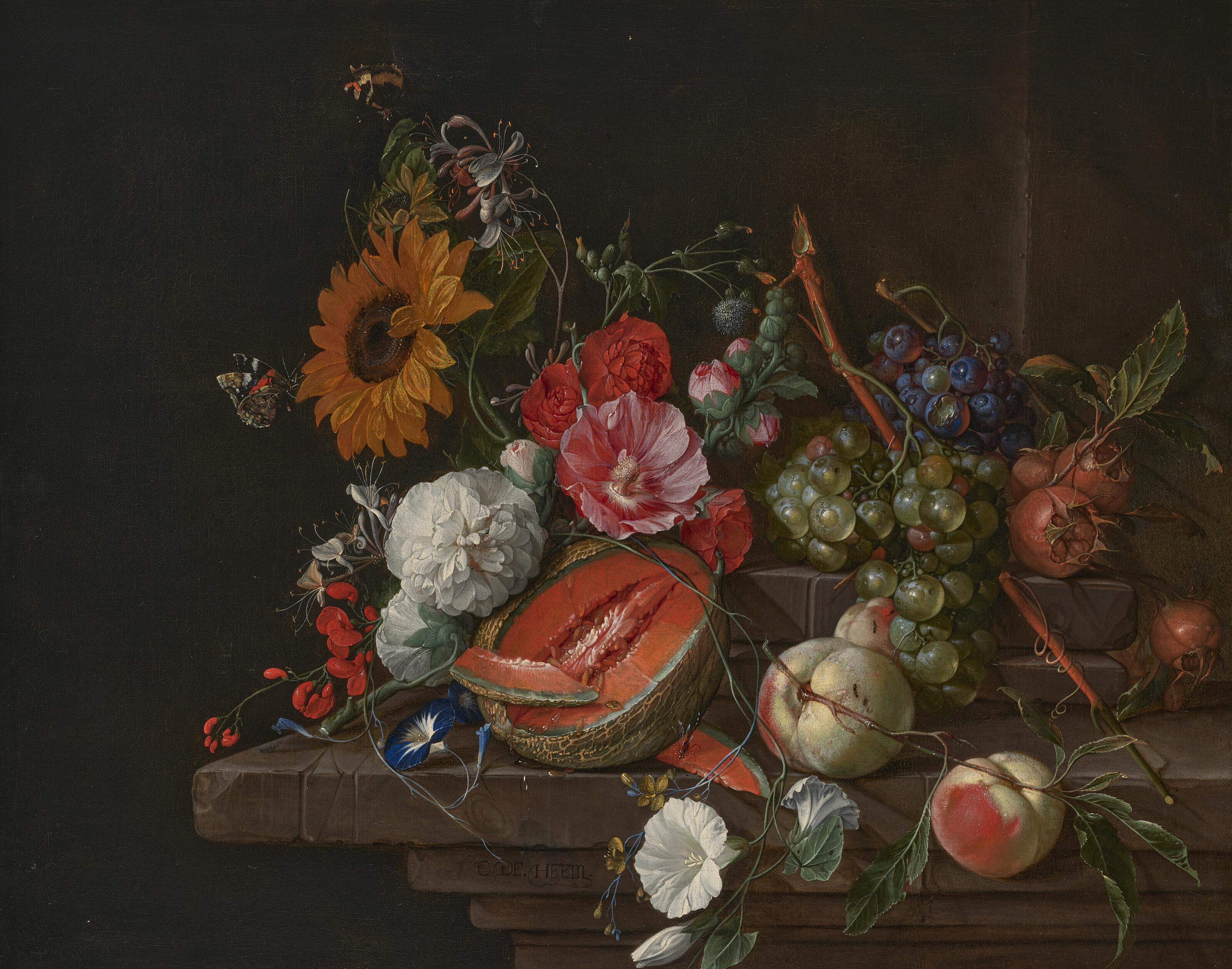 Cornelis De Heem - A melon, peaches, grapes, medlars, sunflowers, roses, peonies and other flowers with butterflies and other insects on a stone ledge