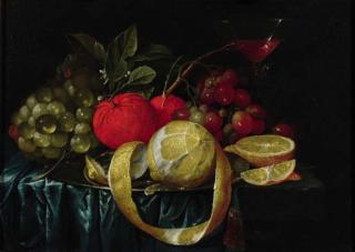 Cornelis De Heem - A peeled lemon, oranges, grapes on a pewter plate, and a Façon-de-Venice wineglass on a draped table