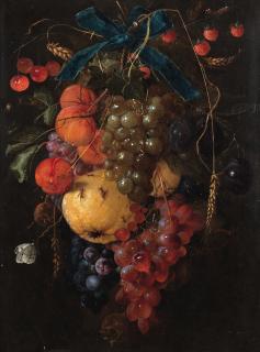 Cornelis de Heem - A swag of cherries, strawberries, apricots, grapes, lemons, plums and ears of corn hanging from a blue ribbon with a cabbage white butterfly, a caterpillar and other insects