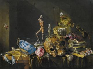 Cornelis De Heem - A Vanitas Still Life With A Skull And An Écorché, On A Draped Table