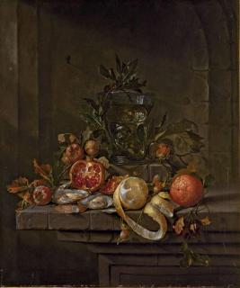 Cornelis de Heem - Agrumes, Coquillages Et Fruits Secs Autour D\'Un Roemer Sur Un Entablement