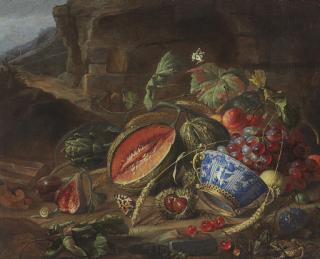 Cornelis De Heem - Melons, Peaches, Grapes, Cherries And Other Fruits, With A Wan-Li Porcelain Bowl With Gilt Mount, Insects And Butterflies, In A Landscape