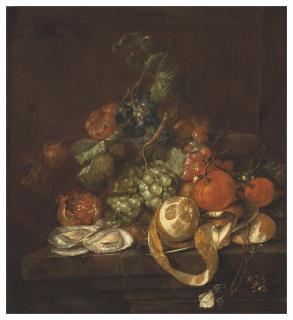Cornelis De Heem - Nature morte aux citrons, huitres, raisins et papillons sur un entablement
