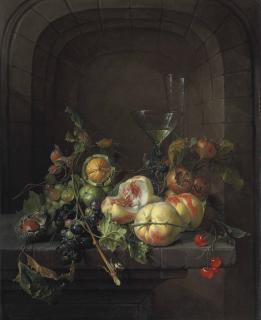 Cornelis De Heem - Peaches, grapes, medlars, walnuts, a hazelnut, cherries, and black raspberries with a snail, a façon de venise glass of wine, and a flute glass on a stone ledge before a niche