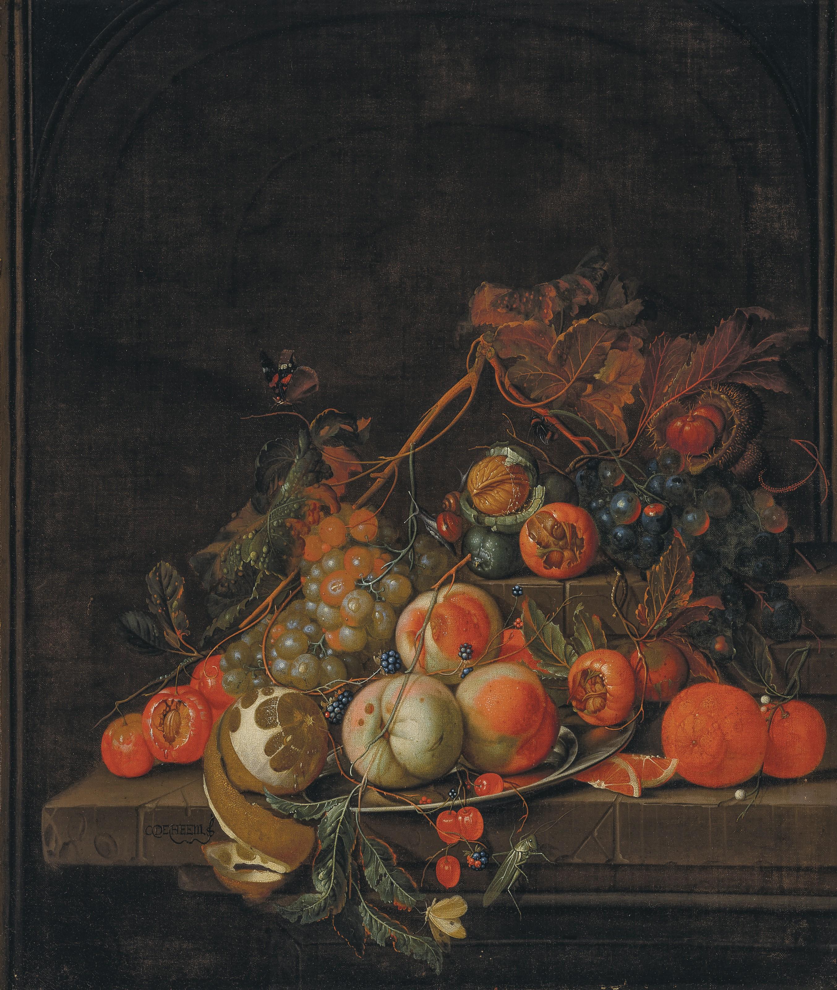 Cornelis De Heem - Peaches, grapes, oranges, a partially peeled lemon, medlars and other fruit on a two-tiered stone ledge, with nuts, a grasshopper and a butterfly before a niche