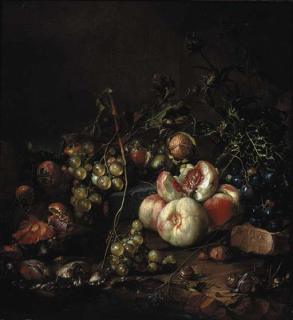 Cornelis De Heem - Peaches, grapes, walnuts, mushrooms, snails and a thistle, on a river bank