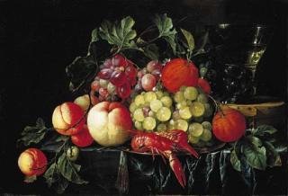 Cornelis de Heem - Peaches, oranges, grapes on the vine and crayfish on a pewter plate, with a roemer on a box on a partly draped stone ledge