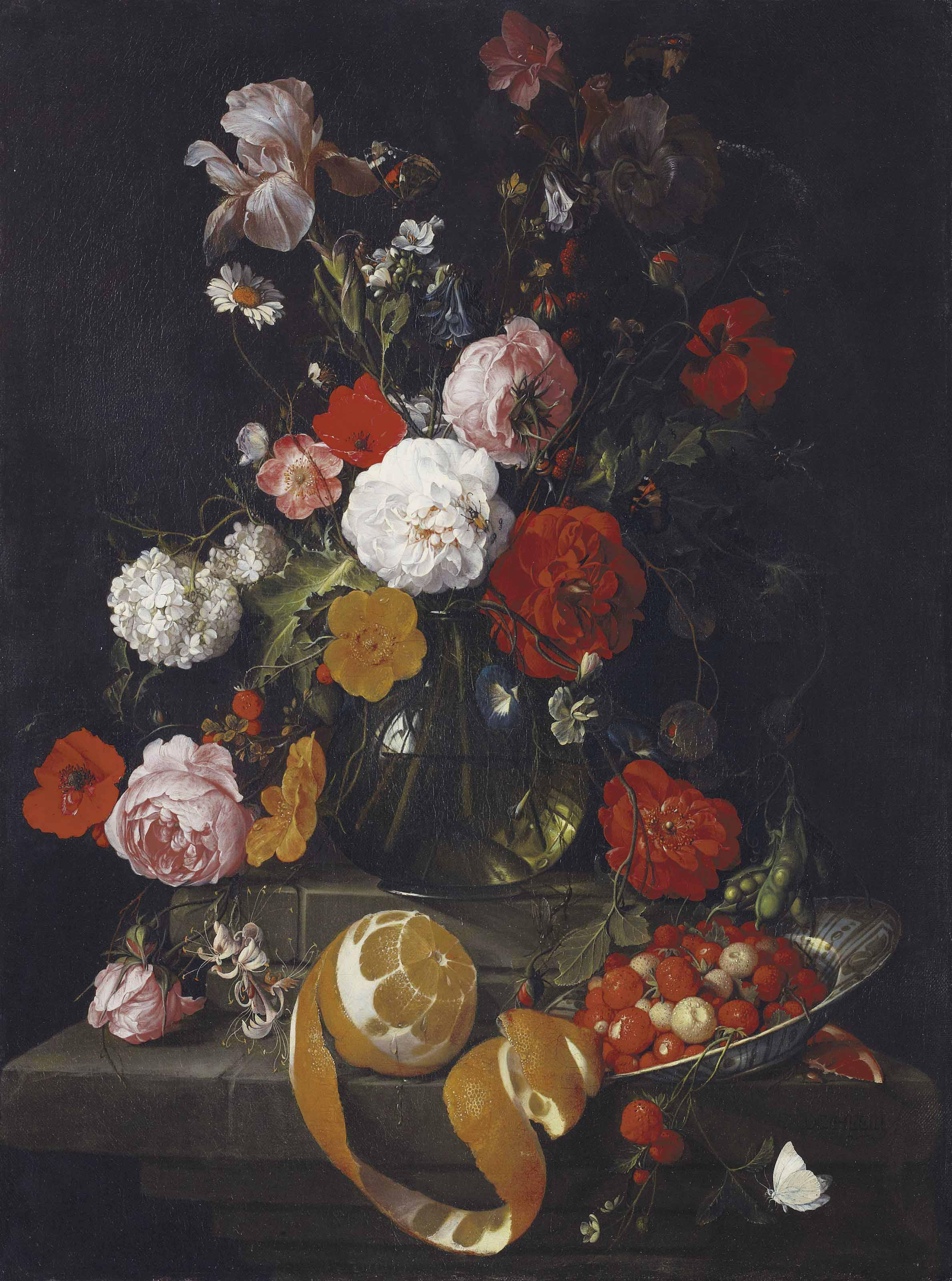 Cornelis De Heem - Roses, Poppies, Lillies And Other Flowers In A Glass Vase On A Stone Shelf, A Peeled Orange And Raspberries In A Wan Li Bowl On A Stone Ledge Below
