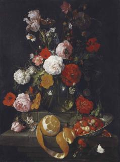 Cornelis De Heem - Roses, Poppies, Lillies And Other Flowers In A Glass Vase On A Stone Shelf, A Peeled Orange And Raspberries In A Wan Li Bowl On A Stone Ledge Below