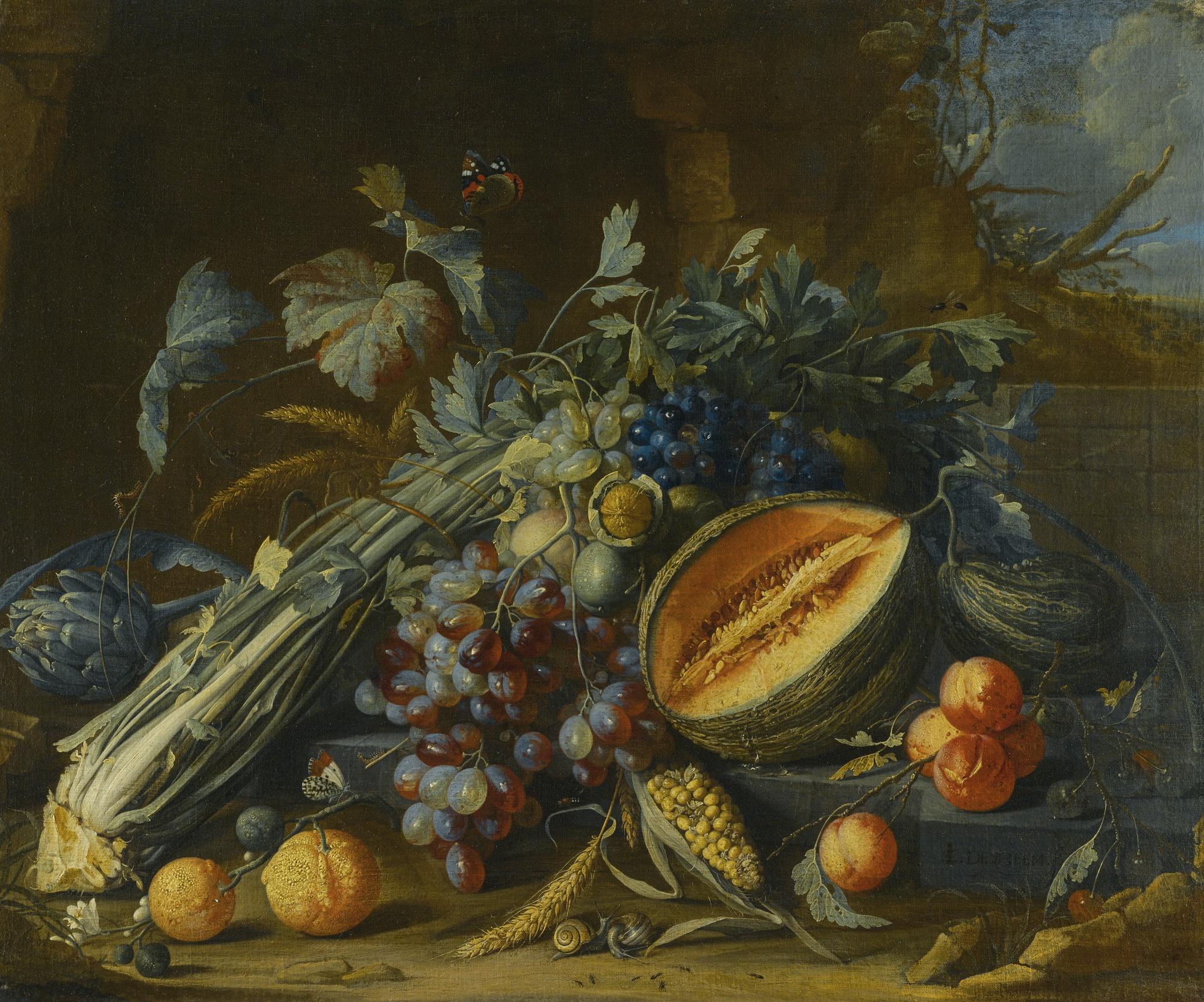 Cornelis De Heem - Still Life Of Fruit, Including A Melon, Grapes, Oranges And Peaches, Together With An Artichoke, Celery, Walnuts And Corn, Arranged On A Ledge With Butterflies And Snails Before A Stone Grotto In A Landscape