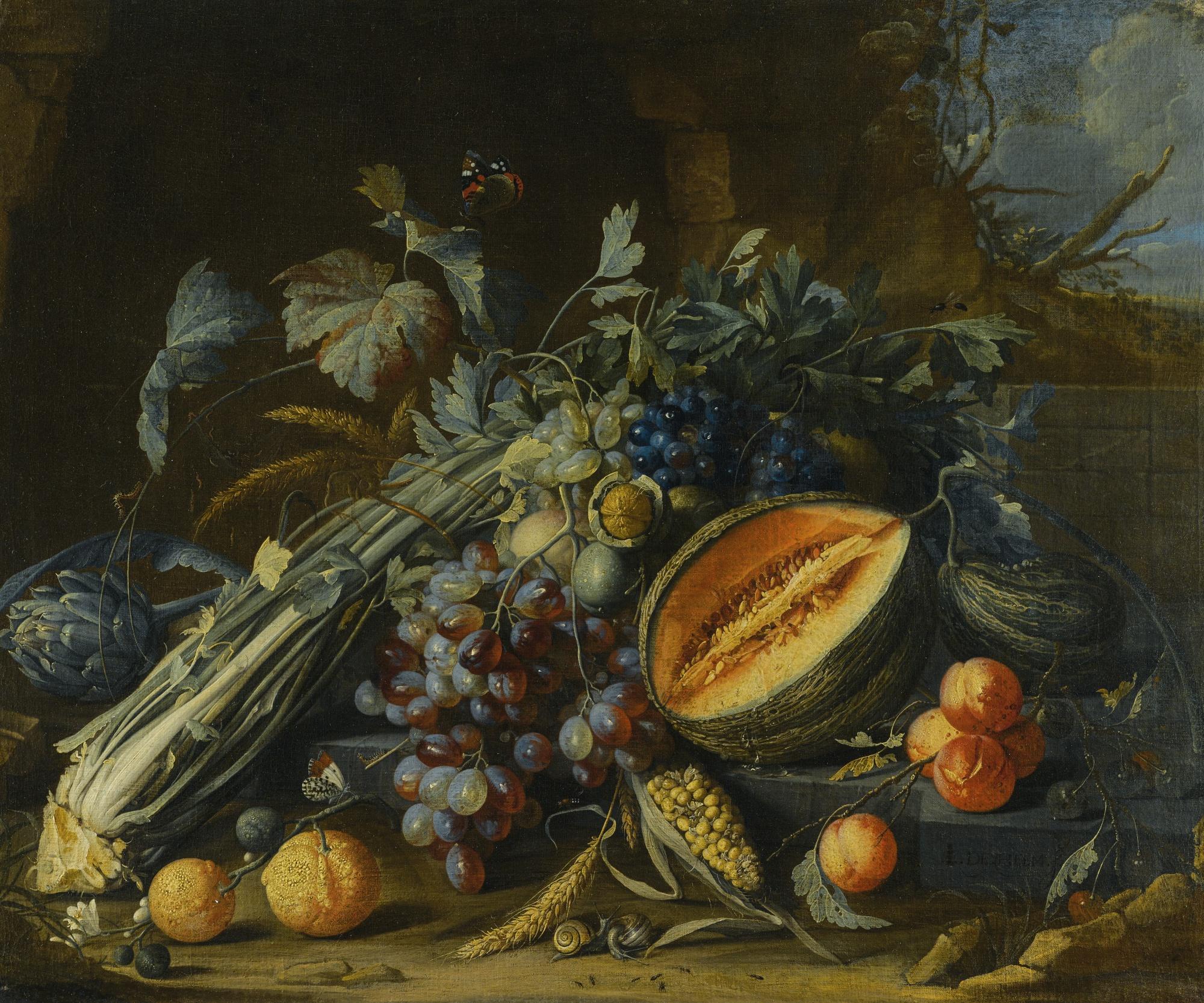 Cornelis De Heem - Still Life Of Fruit, Including A Melon, Grapes, Oranges And Peaches, Together With An Artichoke, Celery, Walnuts And Corn, Arranged On A Ledge With Butterflies And Snails Before A Stone Grotto In A Landscape