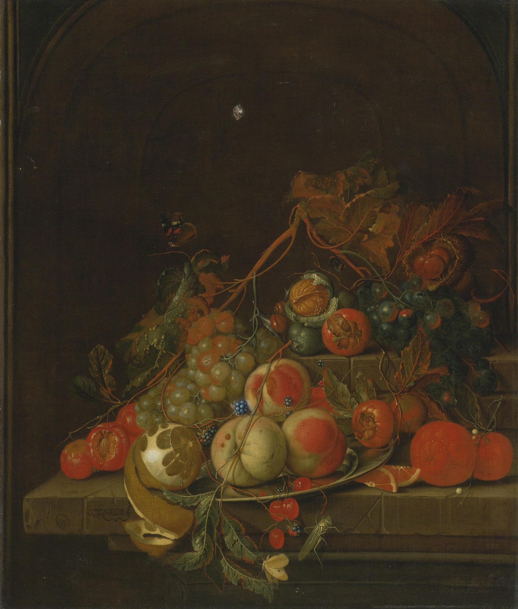 Cornelis De Heem - Still Life Of Peaches, Grapes, A Lemon, Oranges And Other Fruit On A Pewter Plate Resting On A Stone Ledge With Nuts, A Grasshopper And A Butterfly, All In A Niche