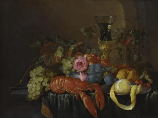 Cornelis De Heem - Still Life With A Lobster, A Peeled Lemon On A Pewter Plater, A Roemer, And Fruits On A Stone Ledge With A Green Drape