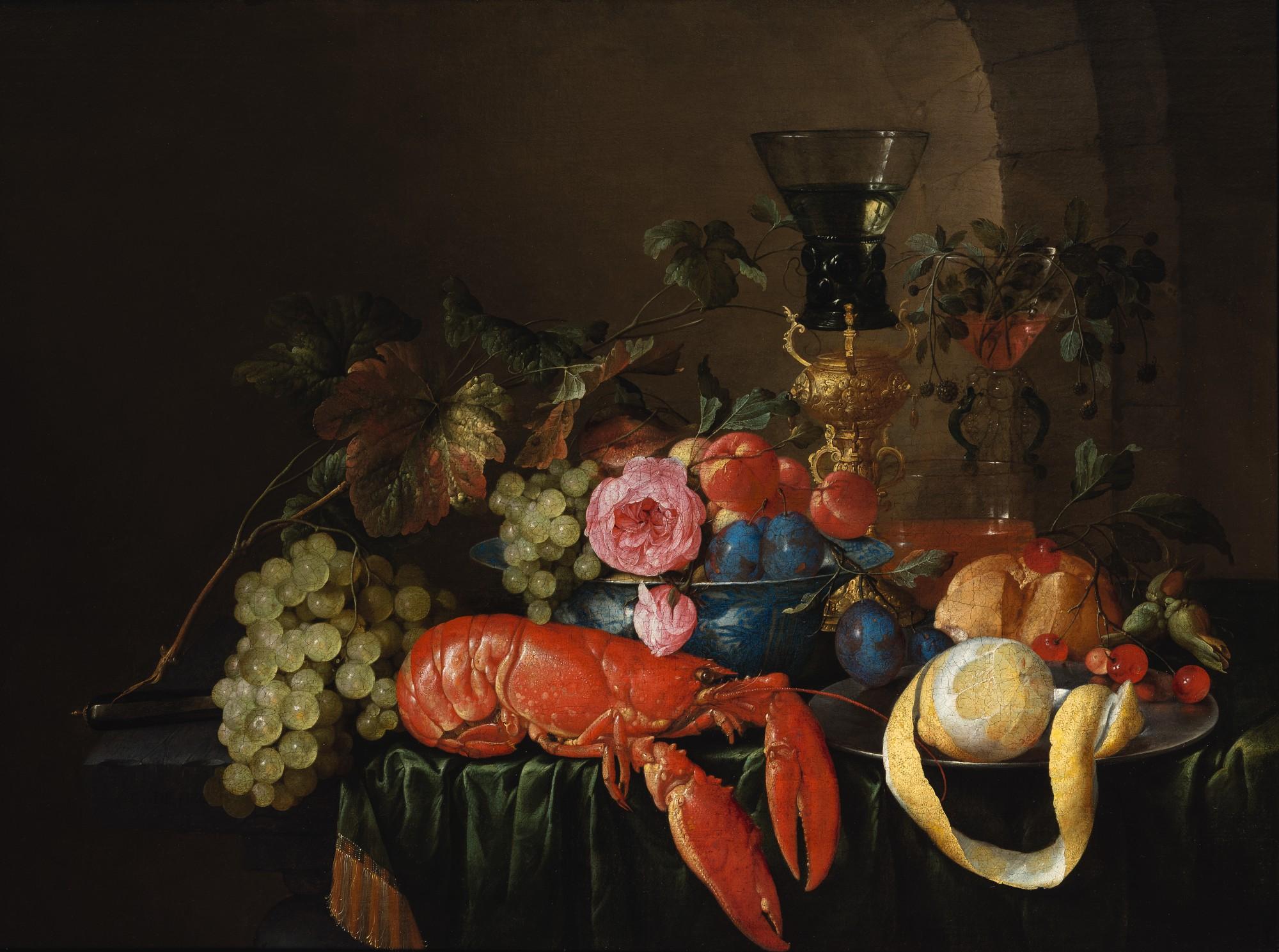 Cornelis De Heem - Still Life With A Lobster, A Peeled Lemon On A Pewter Platter, A Roemer, And Fruits On A Stone Ledge With Green Drape