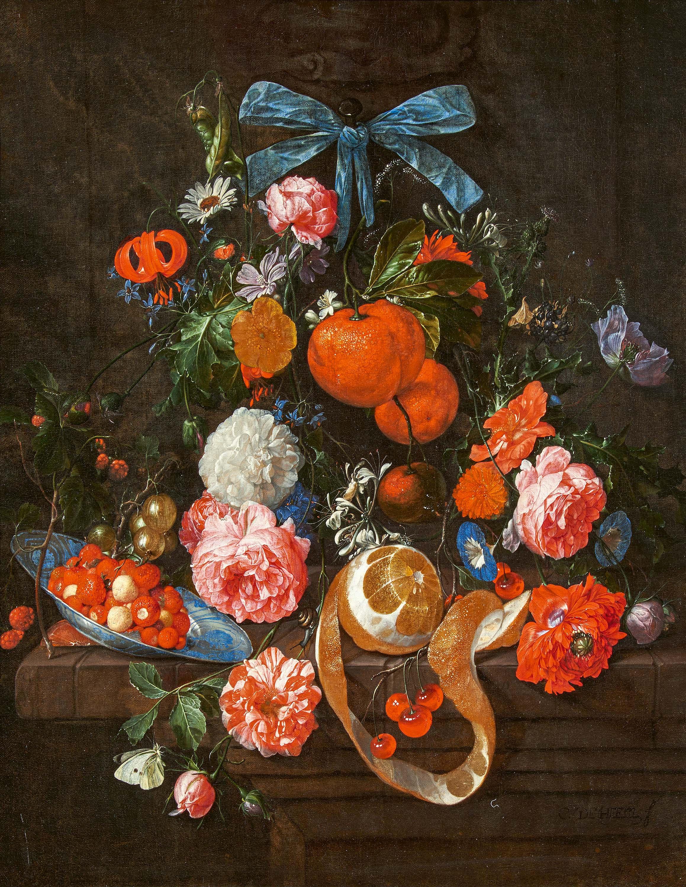 Cornelis De Heem - Stillleben mit Orangen, Rosen und Blumen auf einem Steinvorsprung mit Beeren in einer Wanli-Schale, einer geschälten Zitrone, Kirschen und Stachelbeeren.