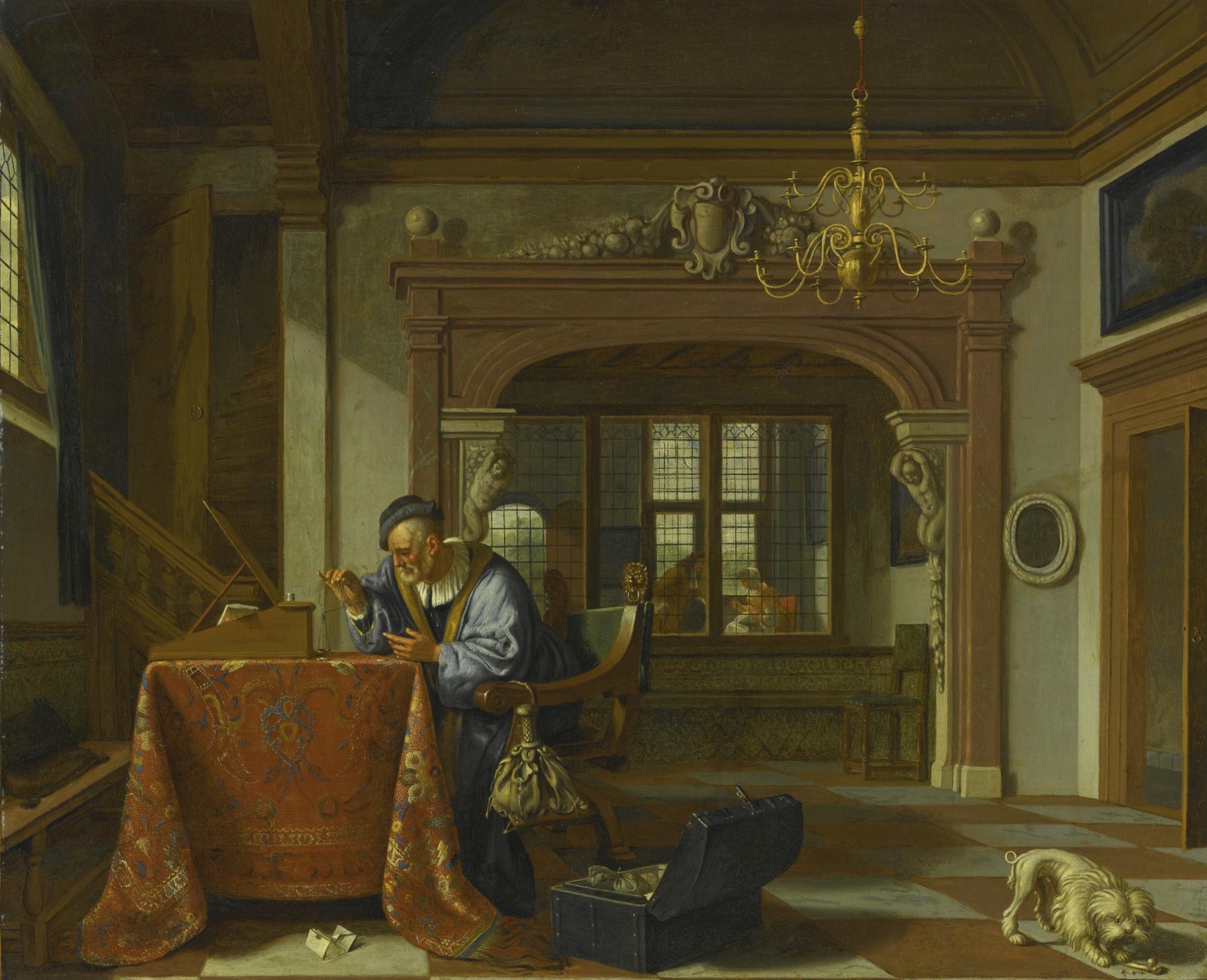 Cornelis De Man - Man Weighing Coins In An Interior, Other Figures In The Room Beyond