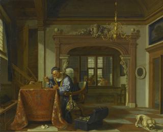 Cornelis De Man - Man Weighing Coins In An Interior, Other Figures In The Room Beyond