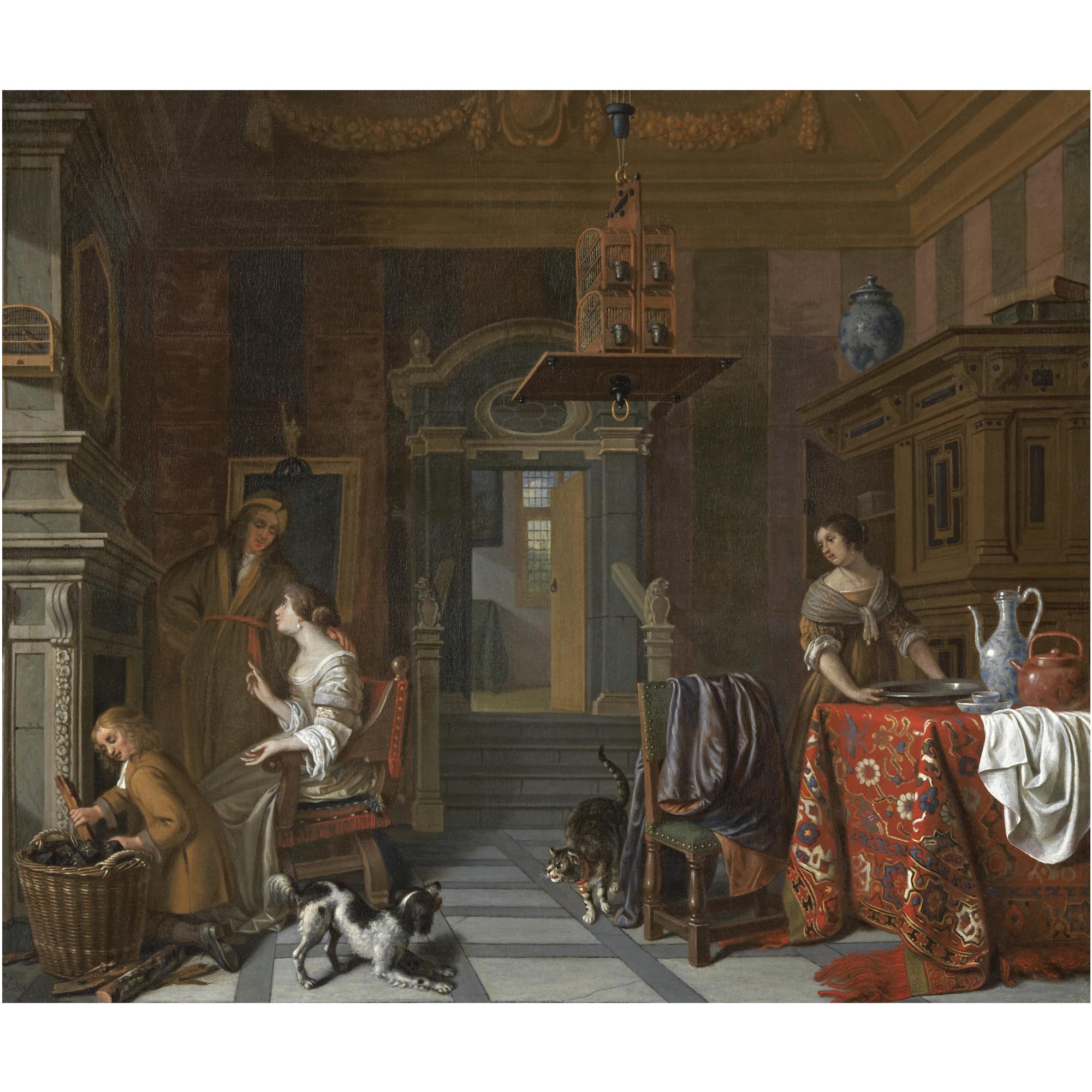 Cornelis de Man - The Interior Of An Elegant Townhouse, With A Lady And Gentleman Beside A Fire, A Servant Stacking Logs And A Maid Beside A Table