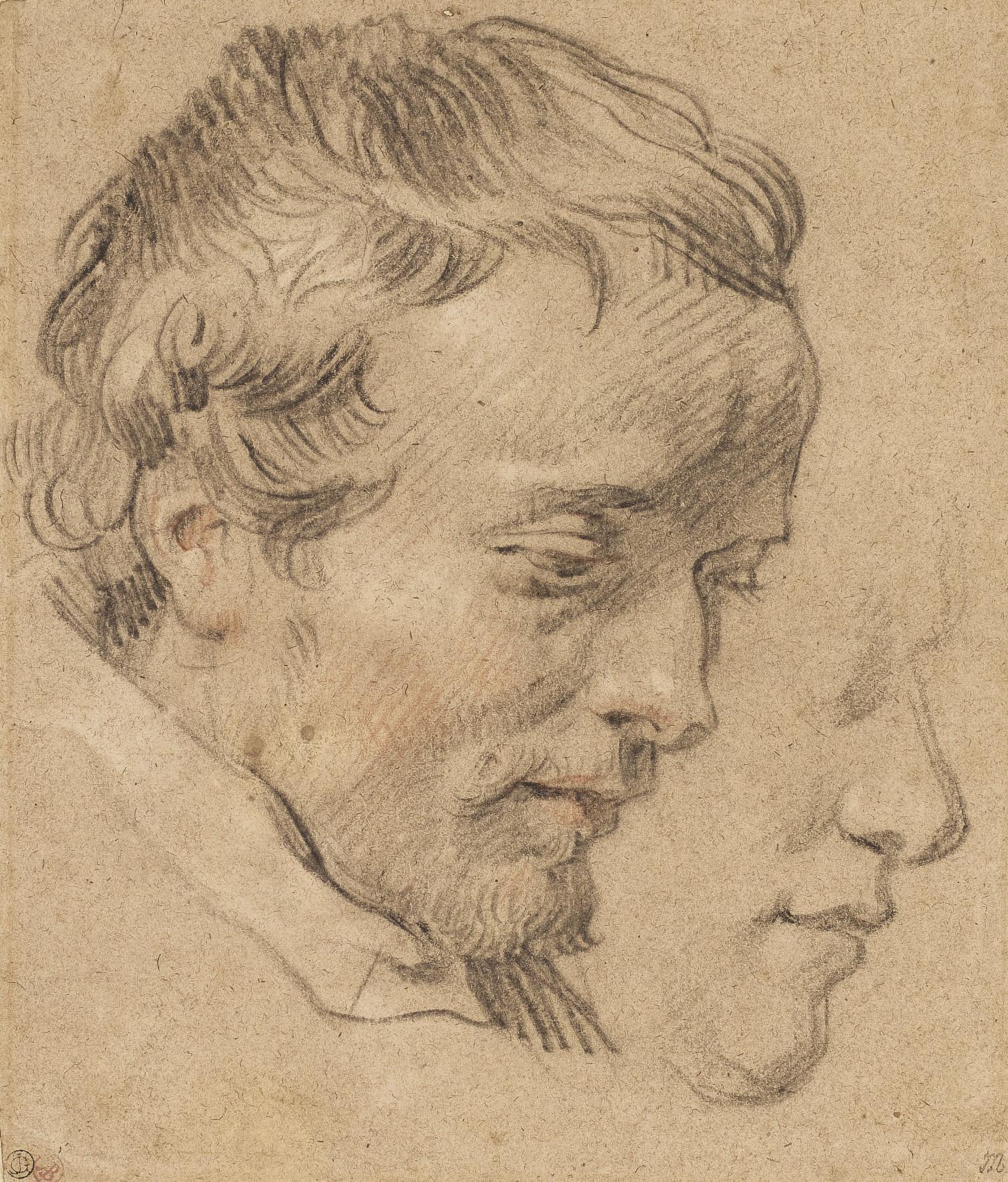 Cornelis De Vos - Head of a bearded man in profile to the right, with a subsidiary study of another head