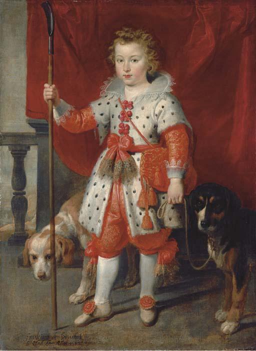 Cornelis de Vos - Portrait of a boy, traditionally called François de Boisschot, Comte d\'Erps, full-length, in an ermine coat with red bows and red hose, on a balcony before a red curtain, with two dogs