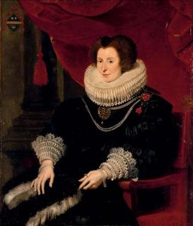 Cornelis de Vos - Portrait of a lady, believed to be Anna de Bourgeois (d. 1636), three-quarter-length, in a black dress with a fan, seated