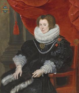 Cornelis De Vos - Portrait of a lady, believed to be Anna de Bourgeois (d. 1636), three-quarter-length, seated, in a black dress with a fan
