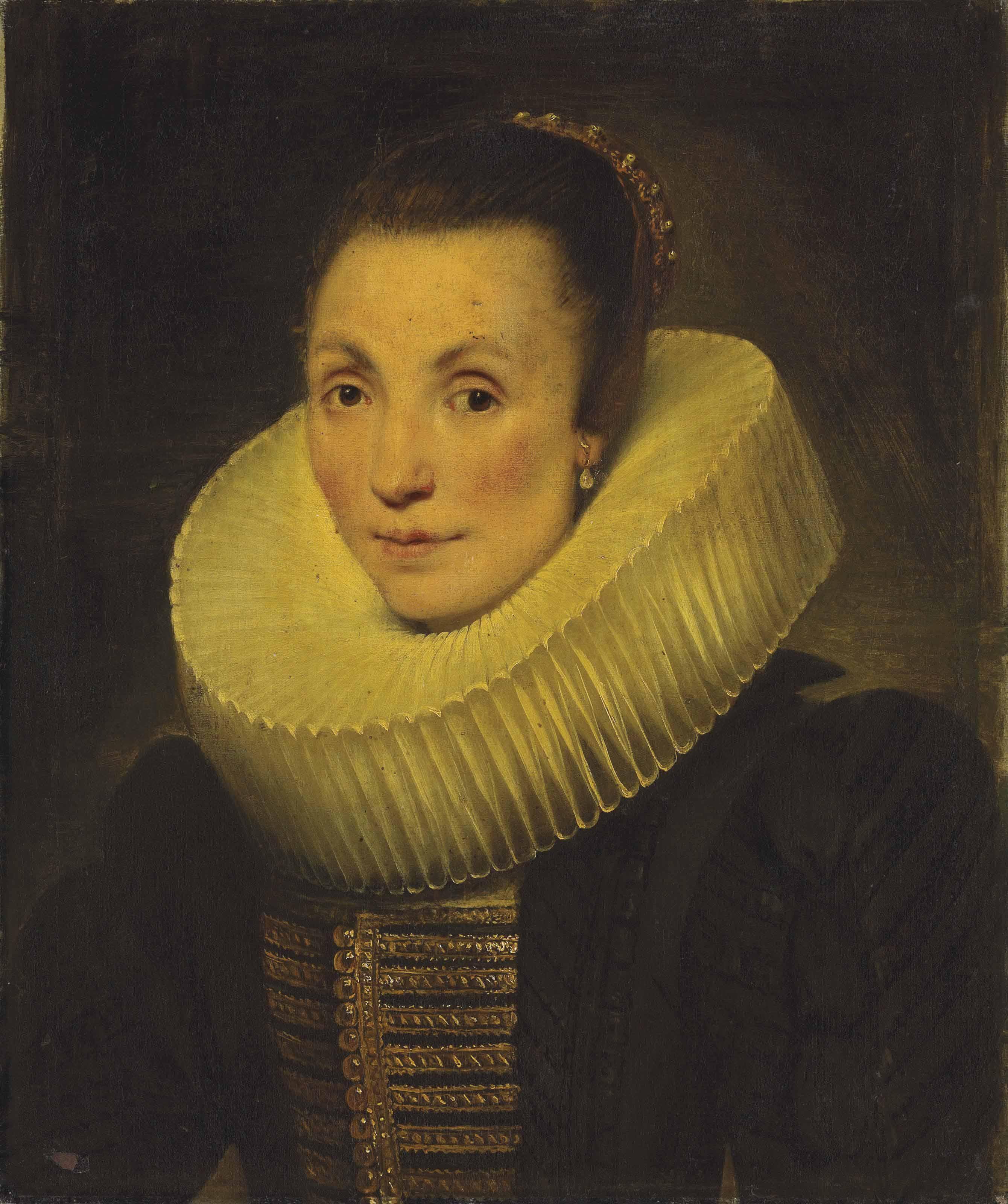Cornelis De Vos - Portrait of a lady, half-length, in a black dress with gold embroidery and a ruff