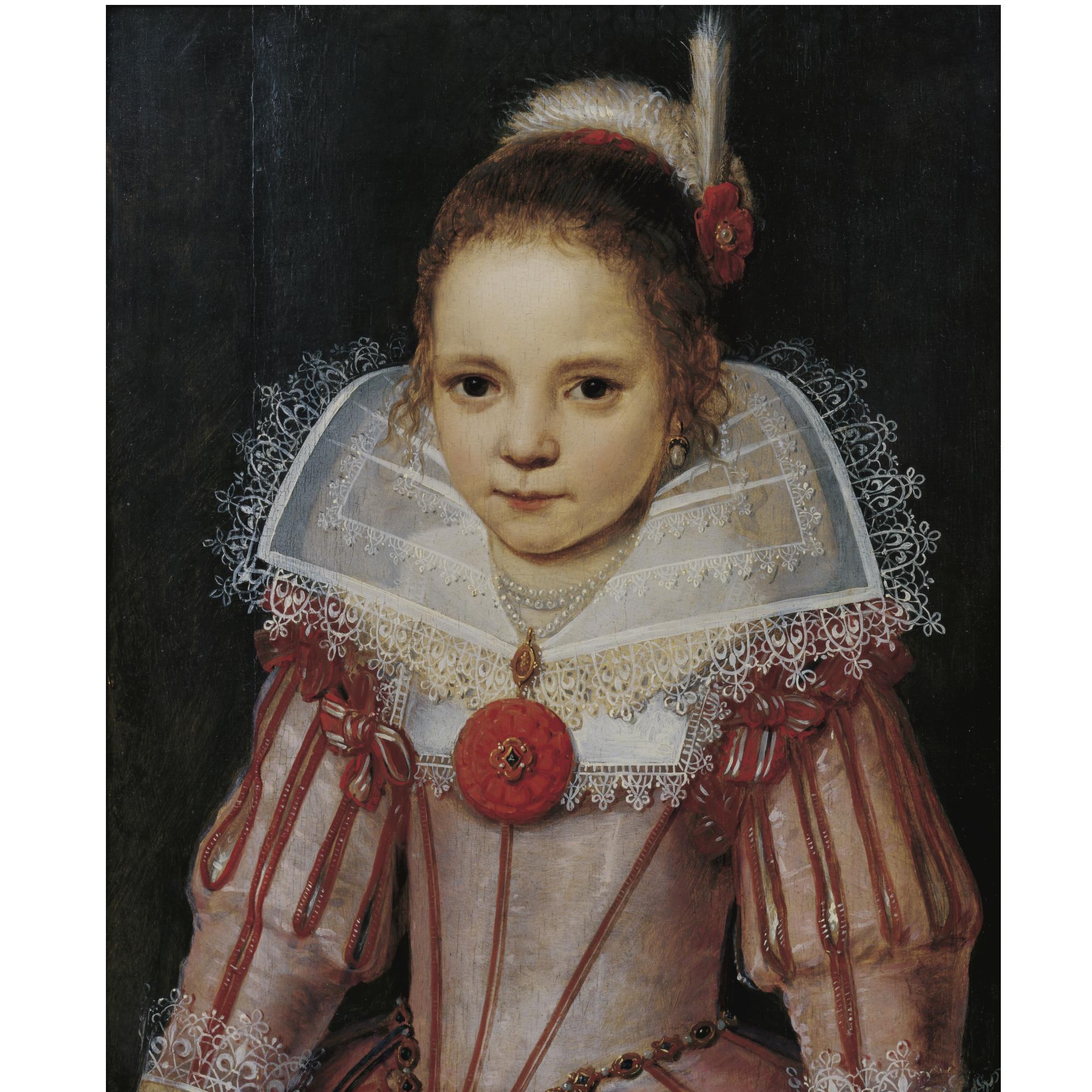 Cornelis de Vos - Portrait Of A Young Girl In A Pink Dress With Red Trim