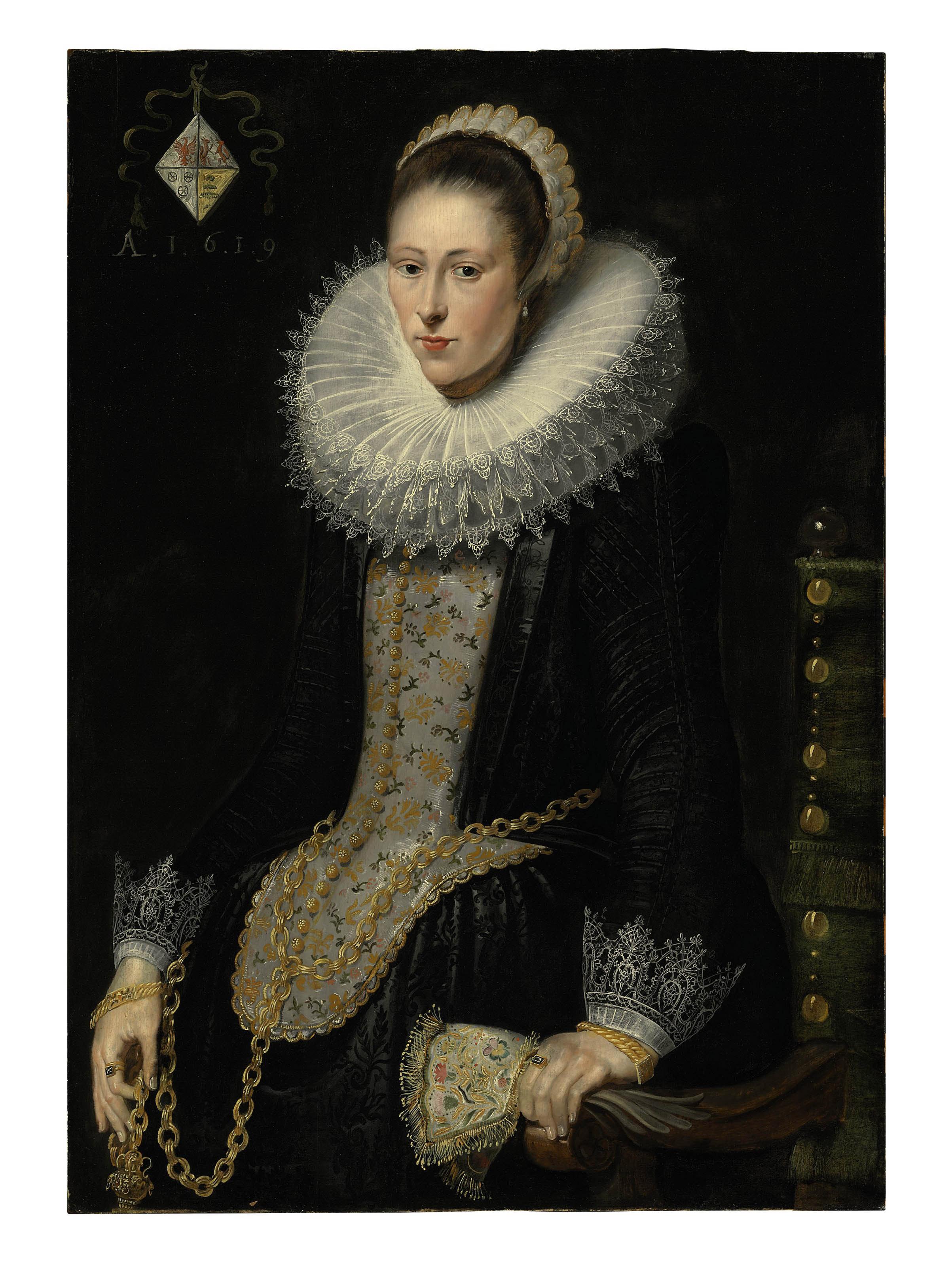 Cornelis de Vos - Portrait of Bessela Pelgrom, seated three-quarter-length, in a black dress with lace cuffs and ruff, embroidered bodice and gloves, holding a chain