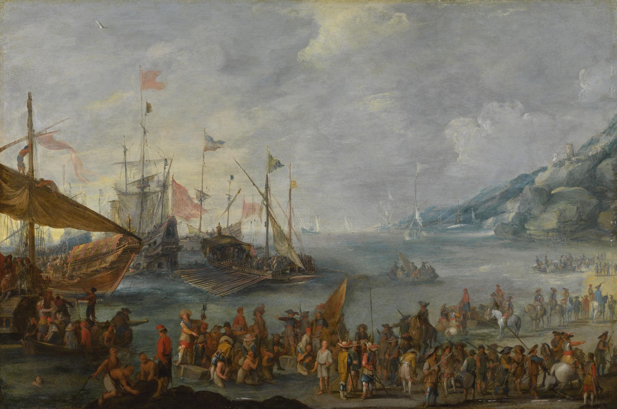 Cornelis De Wael - A Coastal Landscape With Warships And Galleys Unloading Trade
