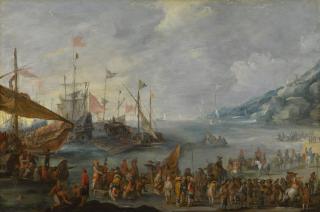 Cornelis De Wael - A Coastal Landscape With Warships And Galleys Unloading Trade