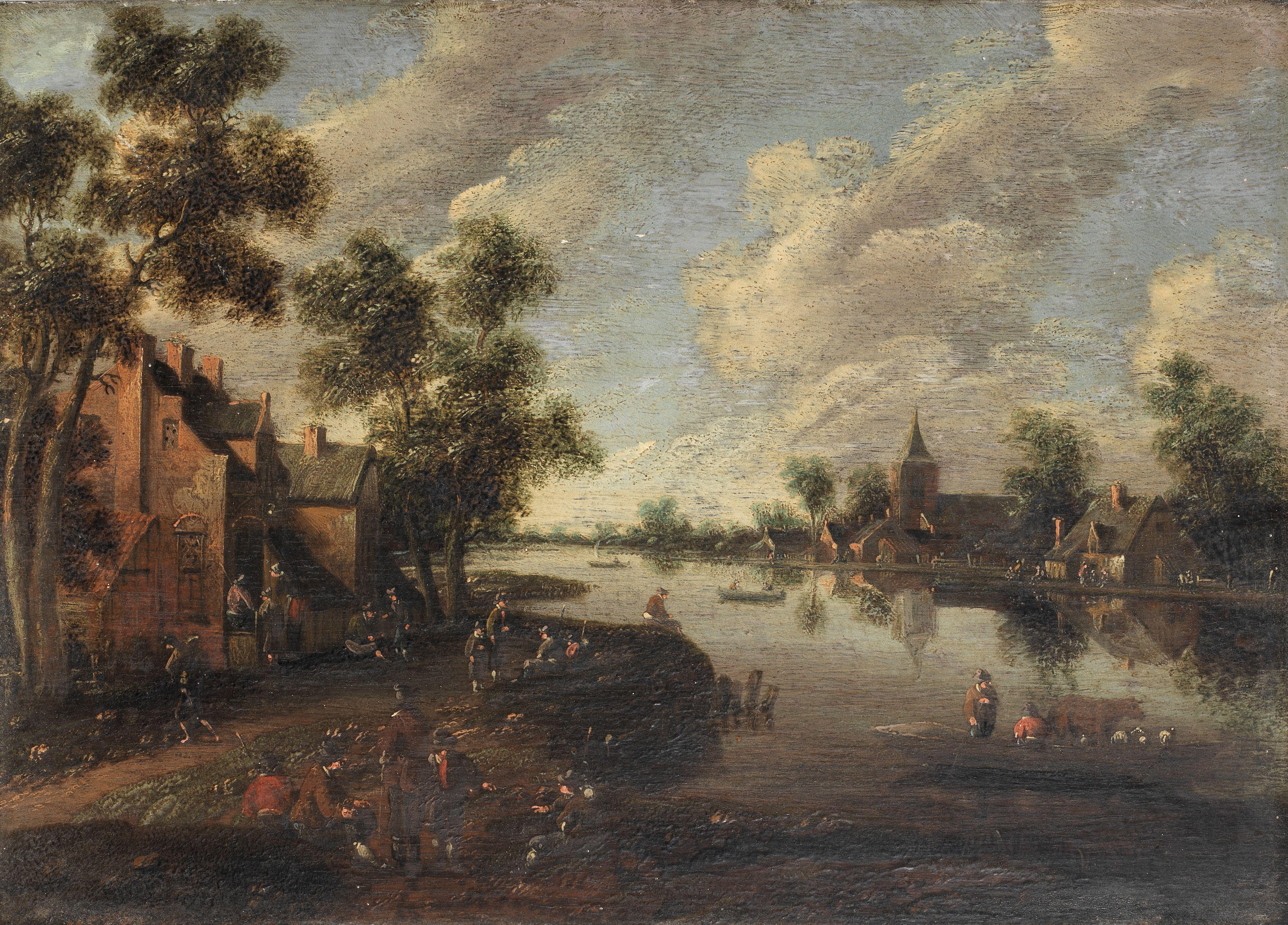 Cornelis Droochsloot - A river landscape with a ferry boat